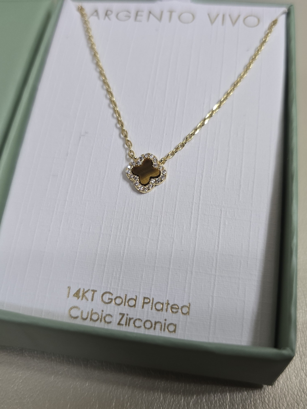 Argento Viva Tiger Eye 14k Gold Plated Clover Pendant Necklace Cubic Zirconia
